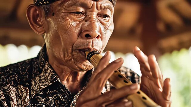Close up portrait of elderly Indonesian man playing traditional bamboo suling flute, wearing batik shirt and blangkon headdress, shallow depth of field, natural soft lighting