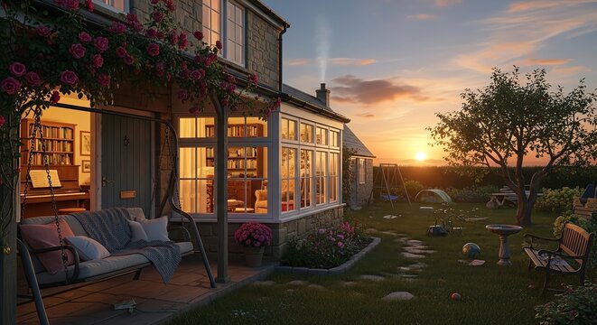 Sunset view of a cozy house with a sunroom and garden furniture on the lawn in a serene outdoor setting.