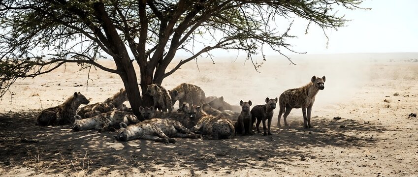 African lion pride resting under acacia tree in savanna landscape with cubs and adults in natural wildlife habitat during golden hour.
