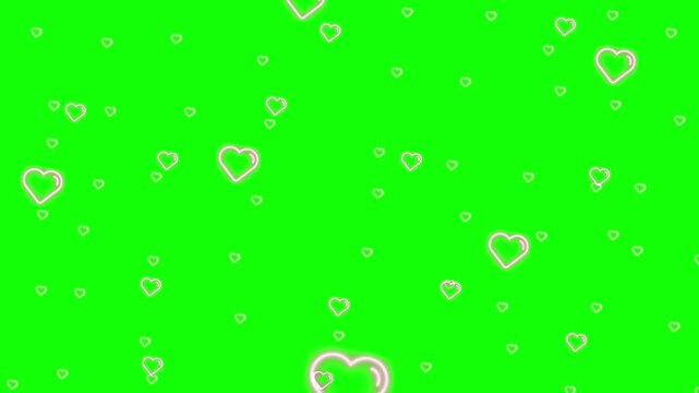 Glowing pink neon outline heart shapes continuously floating upward in seamless looping video footage against a bright chroma key green screen background on transparent background