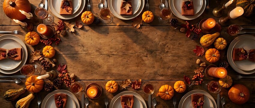 Autumn thanksgiving table setting with pumpkins, pine cones and fall decorations arranged in circle on rustic wooden background for holiday celebration.