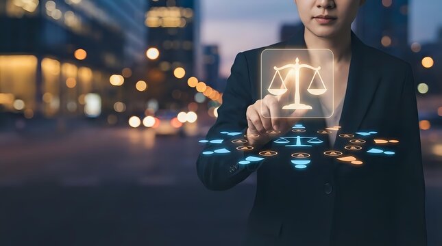 Professional businesswoman touching digital justice scale icon on futuristic interface with city lights background for legal technology concepts.