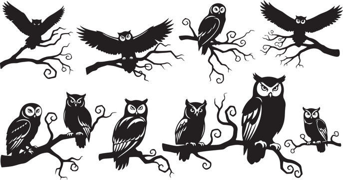 Collection of owl silhouettes perched on tree branches freely