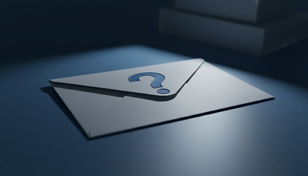 Enveloped White Card with Blue Question Mark on Dark Surface