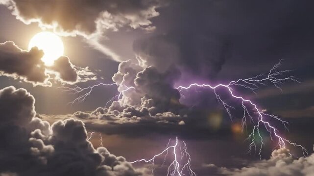 Epic thunderstorm with dramatic lightning strikes across dark cloudy sky illuminated by the sun