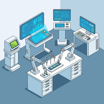 Isometric view of a futuristic laboratory with robotic arms and advanced computer interfaces.