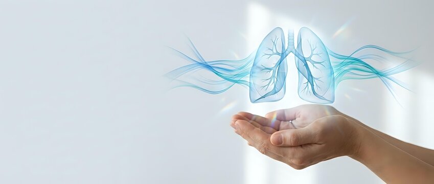 Human hand protecting glowing blue lungs with flowing energy waves on light background for healthcare and respiratory wellness concepts.