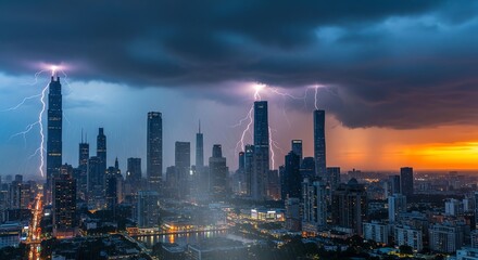 Fototapeta premium Panoramic cityscape with skyscrapers and lightning strikes during a stormy sunset with warm orange and dark blue tones