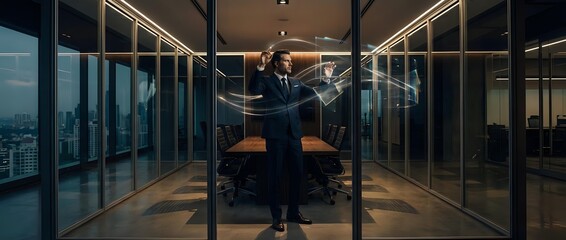 Plakat Professional businessman in dark suit standing confidently in modern glass-walled conference room with city skyline view during evening hours.