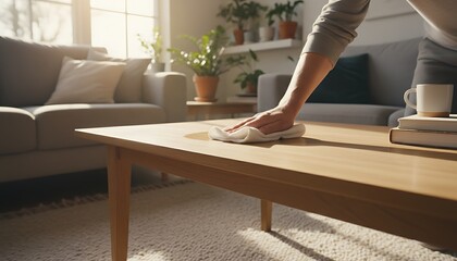 Fototapeta premium Clean Stylish Living Room Person Wiping Wooden Coffee Table
