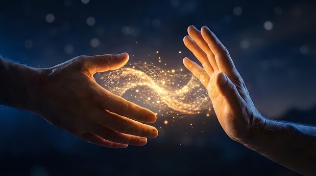 Two hands reaching toward each other with glowing magical energy and sparkling particles between them against starry night sky background.
