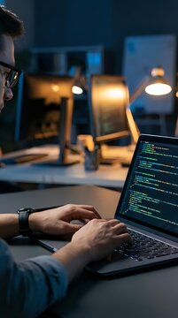 Software developer programming on laptop computer in modern office workspace during evening hours with warm ambient lighting.