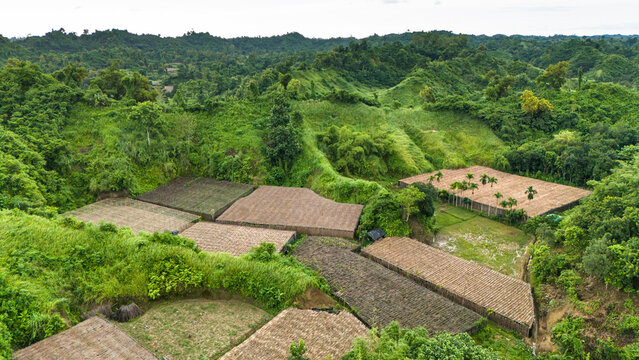 
Aerial panoramic view of the green hilly area with rice field and betel vine of Moheshkhali Island, Cox's Bazar, Bangladesh. 
