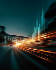 Obraz premium Dynamic Urban Expressway: Capturing the essence of modern travel, a vehicle speeds along an illuminated expressway, streaks of light painting a vivid picture of speed and progress.