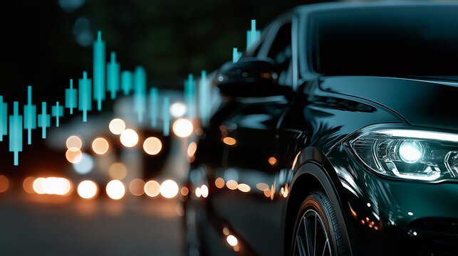 Automotive Market Analysis: A sleek, modern car glimmers, overlaid with a dynamic stock chart, symbolizing the ever-changing automotive industry.