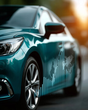 Sleek Car with Futuristic Data Overlay: A captivating image of a teal car glistening in the sun, embellished with a sophisticated data overlay, representing technological advancements in transport.