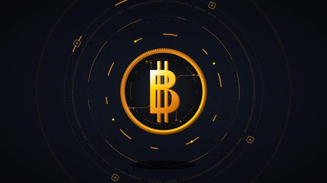 Bitcoin logo on black background.