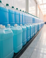 Fototapeta premium Large plastic containers filled with blue liquid detergent arranged in a row