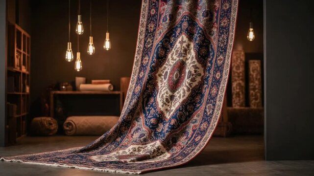Luxurious Persian rug with intricate patterns draped in a warm, elegant interior