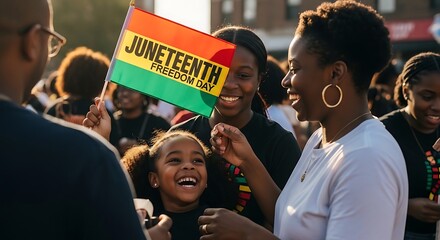 A joyful African American family celebrates Juneteenth Freedom Day outdoors, proudly holding the vibrant flag amidst a festive community gathering, embodying heritage and unity.