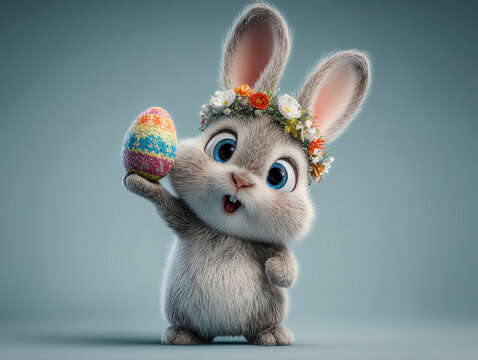 A whimsical, high-definition image of a light blue rabbit with closed eyes and a colorful Easter egg The rabbit is adorned with a floral wreath, standing against a minimalist gray back - AI-Generated