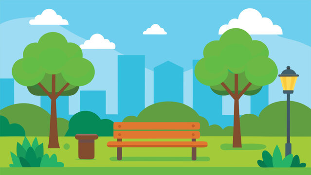 Flat vector image featuring a wooden park bench, a trash receptacle, and a street lamp surrounded by green trees with a teal urban skyline background.