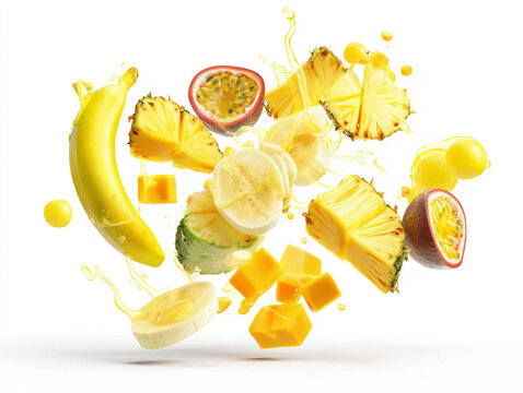 Hyper-realistic 3D render of vibrant tropical fruit explosion on white backdrop Features pineapple slices, ripe bananas, passion fruit halves, mango cubes, melon balls, and yellow juic - AI-Generated
