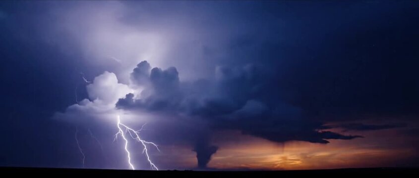 A powerful tornado descends from dark storm clouds, illuminated by brilliant lightning strikes across a dramatic, foreboding sky.