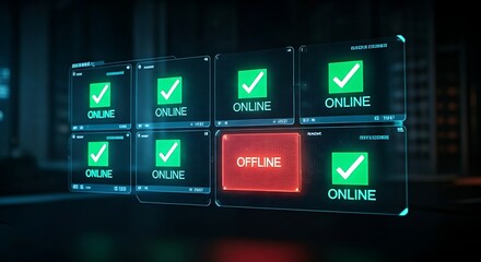 Server uptime monitoring. A holographic dashboard shows the status of multiple servers, with most 