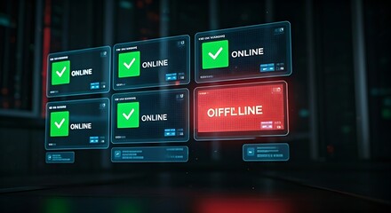 Server uptime monitoring. A holographic dashboard shows the status of multiple servers, with most 