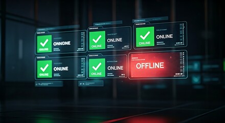 Server uptime monitoring. A holographic dashboard shows the status of multiple servers, with most 