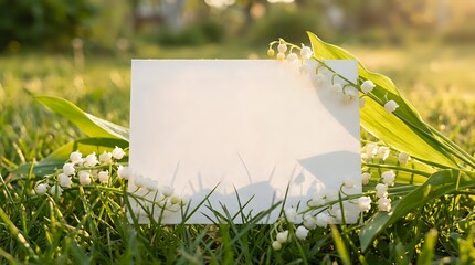 Naklejka premium Blank white paper card lying on green grass with small white flowers in natural outdoor setting with warm sunlight creating peaceful spring atmosphere.
