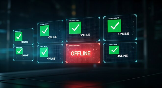 Server uptime monitoring. A holographic dashboard shows the status of multiple servers, with most "ONLINE" in green and one "OFFLINE" in red.
