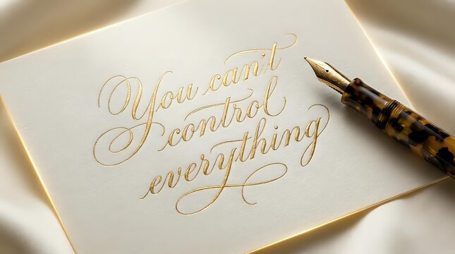 Elegant calligraphy quote You cant control everything written in gold ink on cream paper with fountain pen, motivational message for mindfulness and acceptance.