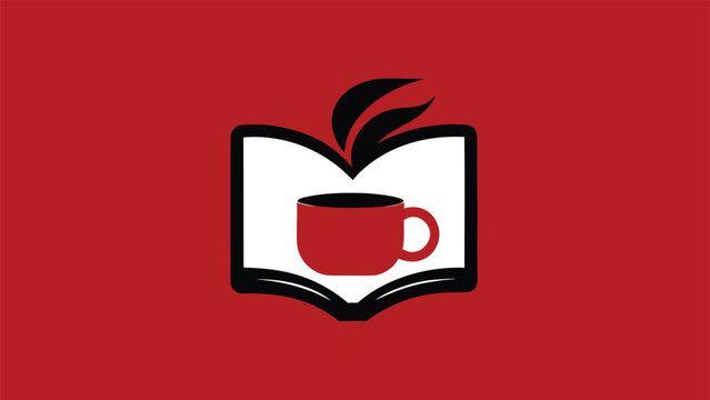 A stylized vector illustration of an open white book containing a red coffee cup with steam wisps set against a solid red background.