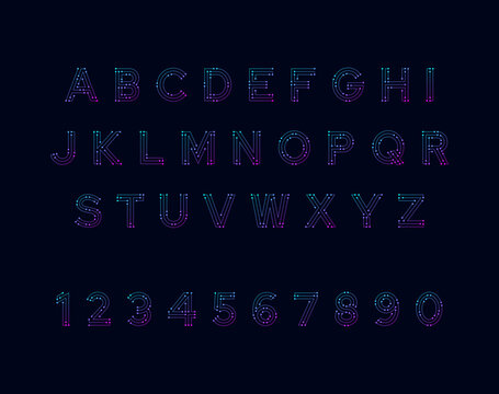 Technology circuit alphabet and numbers neon digital font set.