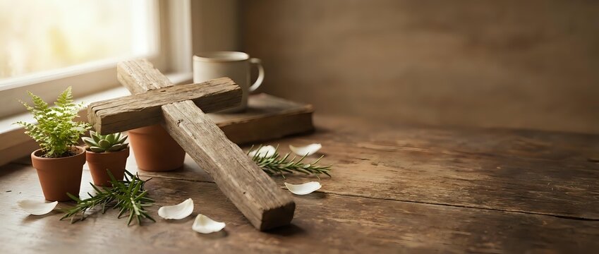 Rustic wooden cross with fresh green herbs and white flower petals on warm wood surface with soft natural lighting for spiritual meditation concepts.
