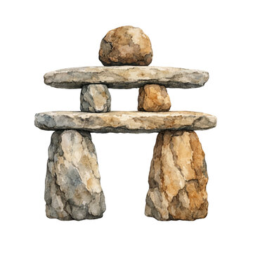 A watercolor vector of an Inukshuk stone structure for indigenous culture designs, Arctic landmark themes, and traditional navigation symbol illustrations.