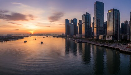 Obraz premium Sunset Over Modern Downtown Skyline Along Calm Water