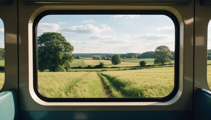 Scenic countryside landscape view through train window with golden wheat fields and green trees under blue sky