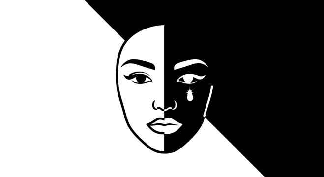 Split Face Woman Black White Duality Emotion Sadness Tears
