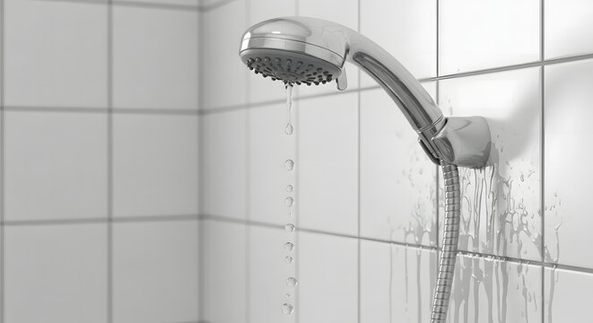 Modern handheld shower head dripping water on tiled wall indoors