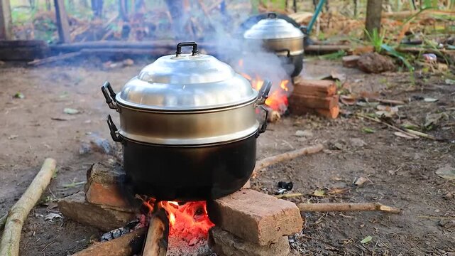 The aluminum steamer is simmering over an open-air brick and wood stove, with smoke and flames rising, conveying the warm and simple rural lifestyle and culinary culture.
