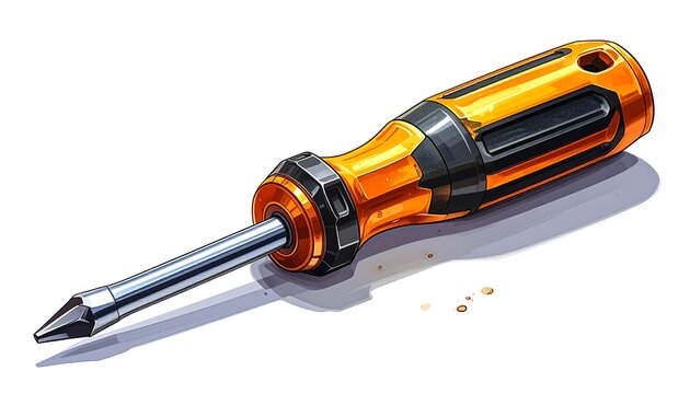 Digitally rendered orange and silver flathead screwdriver, casting a long shadow on a white background. Small debris flecks are near the tool