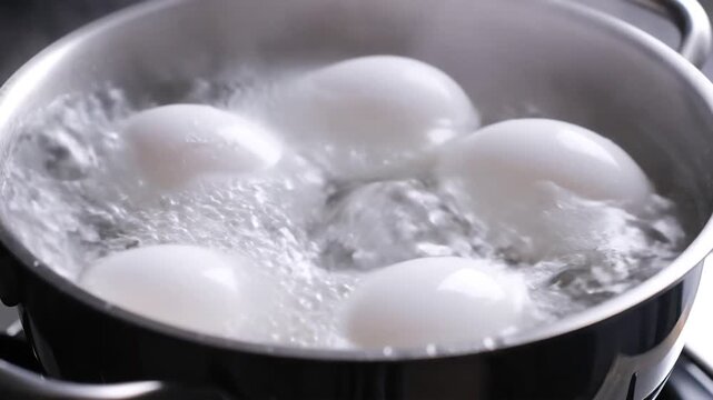 Closeup of white eggs boiling in a pot of water.
