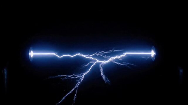 A bright blue electrical discharge or lightning bolt arcing horizontally between two points against a dark background.
