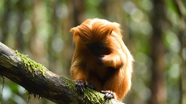 Golden Lion Tamarin Monkey Perched on a Mossy Branch in a Lush Forest.