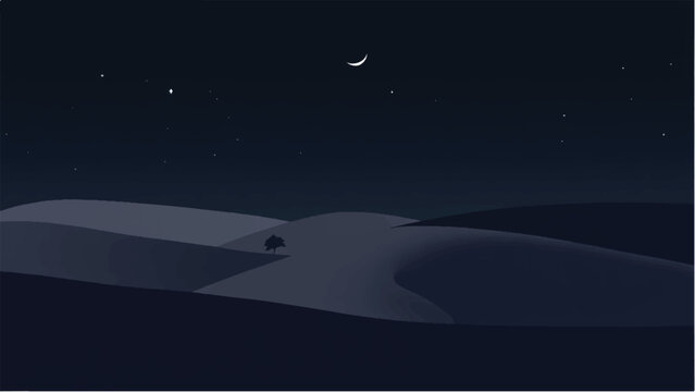 Desert dunes at night under starry sky with moon. Illustration of desert landscape at night. 