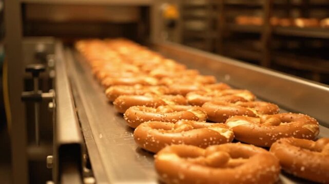 Freshly baked pretzels moving on a conveyor belt in a commercial bakery production line.