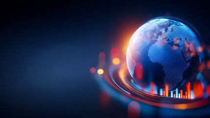 Digital globe with chart elements and orbiting lines, symbolizing global finance, market analysis, and international economic activity.
